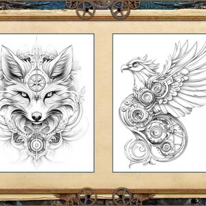 May include: A framed artwork featuring two detailed black and white illustrations. One depicts a fox with a compass design, the other an eagle with mechanical gears. The artwork has a steampunk aesthetic.