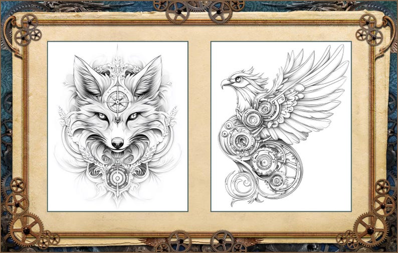 May include: A framed artwork featuring two detailed black and white illustrations. One depicts a fox with a compass design, the other an eagle with mechanical gears. The artwork has a steampunk aesthetic.