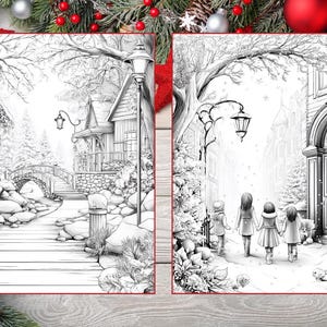 May include: Two black and white coloring book pages featuring winter scenes. One shows a bridge and houses, the other shows children walking towards a building. The pages are surrounded by a Christmas-themed border.