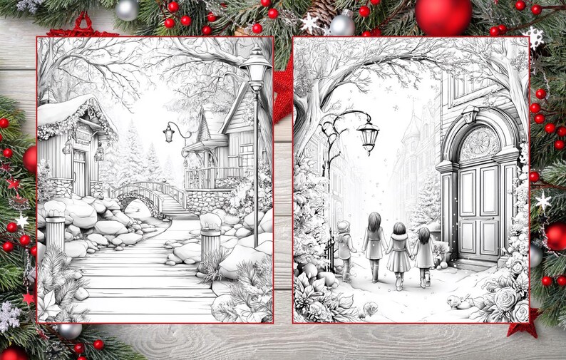 May include: Two black and white coloring book pages featuring winter scenes. One shows a bridge and houses, the other shows children walking towards a building. The pages are surrounded by a Christmas-themed border.