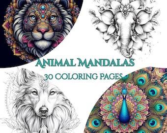 Animal Mandalas - 30 Intricate Animal-Themed Mandala Coloring Pages | Printable Adult Coloring PDF | Instant Download