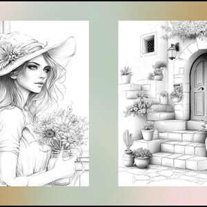 Peut inclure: Illustration en noir et blanc de deux sc&egrave;nes. L'une repr&eacute;sente une femme avec un chapeau fleuri tenant des tournesols. L'autre montre un b&acirc;timent en pierre avec une porte, des escaliers et des plantes en pot.