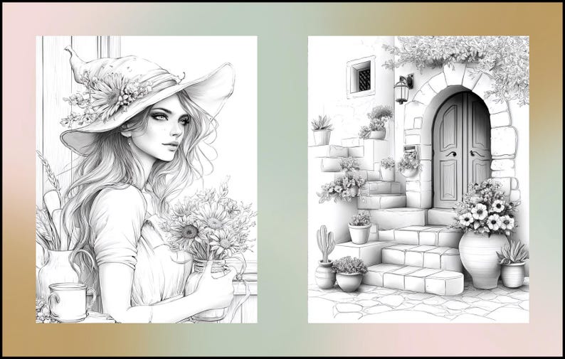 Peut inclure: Illustration en noir et blanc de deux sc&egrave;nes. L'une repr&eacute;sente une femme avec un chapeau fleuri tenant des tournesols. L'autre montre un b&acirc;timent en pierre avec une porte, des escaliers et des plantes en pot.