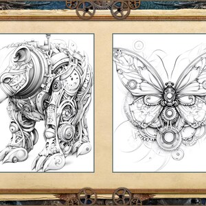 May include: Two framed steampunk-style art prints. One features a bear with mechanical details, the other a butterfly with gear-like wings. The artwork is in black and white, with intricate line work, set in a decorative frame.