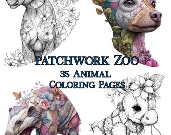 Patchwork Zoo - 35 Animal Coloring Pages for creative relaxing fun