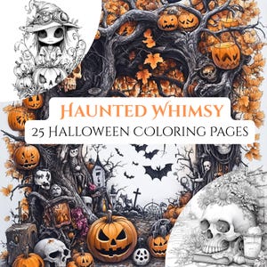 以下が含まれることがあります： 「Haunted Whimsy」と「25 Halloween Coloring Pages」のテキストが入ったハロウィーンをテーマにしたイラスト。カボチャ、コウモリ、頭蓋骨、不気味な木が描かれており、塗り絵に最適です。