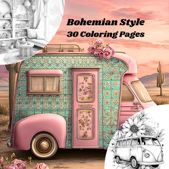 Boho Adult Coloring Pages Set – 30 Relaxing Bohemian Designs, Printable Coloring Pages PDF, Stress Relief Coloring Book