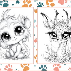 May include: Two black and white illustrations of adorable animals. One features a monkey with large eyes, the other a deer-like creature with flowers. The images are framed with a paw print border, suitable for coloring.