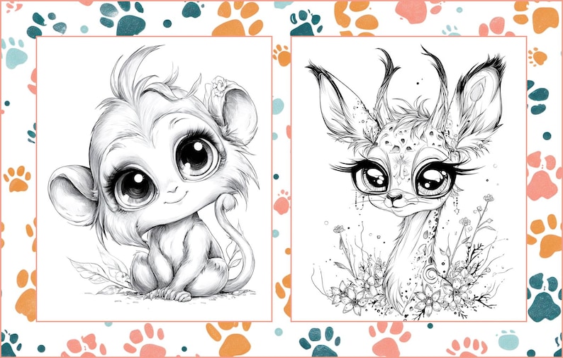 May include: Two black and white illustrations of adorable animals. One features a monkey with large eyes, the other a deer-like creature with flowers. The images are framed with a paw print border, suitable for coloring.