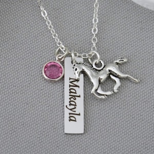 Horse Necklace, Personalized, Name Necklace, Birthstone, Pony Necklace, Pet Horse Jewelry, Horse Birthday Party Gift, Girl Jewelry Riding