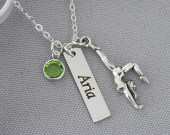 Personalized Gymnast Necklace With Engraved Name, Birthstone, Gymnastics Jewelry, Gifts for Girls, Custom, Unique, Silver