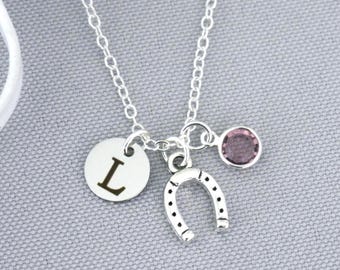 Horseshoe Necklace, Personalized, Horse shoe Jewelry, With Initial Disc, Letter Charm, Birthstone, Cowgirl Gifts, Custom, Silver, Dainty