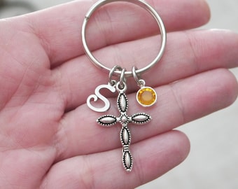 Cross Keychain, Personalized Cross Keychain, Letter Charm, Birthstone, First Communion Gifts, Baptism Gifts, Confirmation Gifts, Small