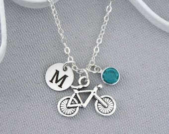 Bicycle Necklace, Personalized, Bike Charm, Initial Disc, Letter, Birthstone, Cyclist Gifts, Mountain Biking, Cute, Custom, Silver