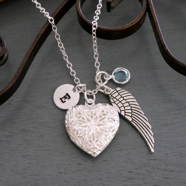 Angel Wing Necklace, Picture Locket Heart Necklace, Photo Locket Wing Necklace, Initial Necklace, Memorial Gifts, Remembrance, Sympathy