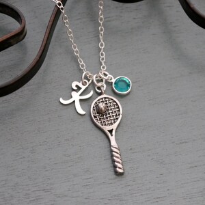 Tennis Necklace, Tennis Jewelry, Personalized Tennis Necklace, Tennis Raquet Necklace, Letter Birthstone, Tennis Racket Necklace, Silver