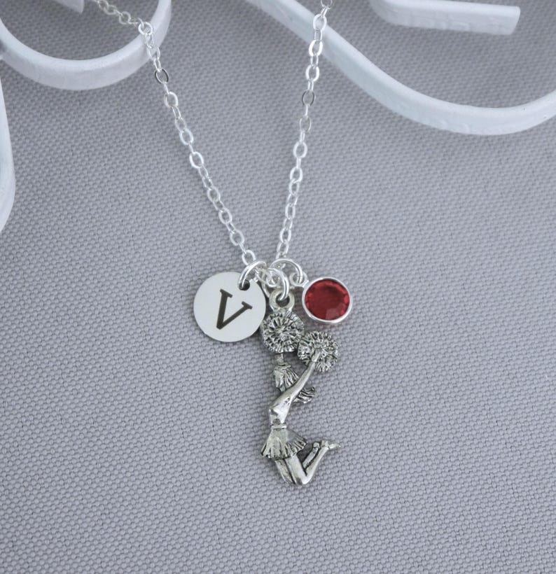 Cheerleader Necklace Personalized, Initial Disc, Letter, Cheerleading Gift, Birthstone, Custom, Gifts for Girls, Silver, Cheer Team Jewelry image 1
