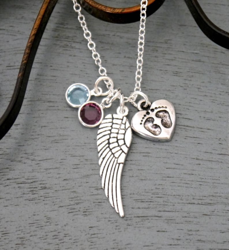 1 2 3 Birthstones Necklace Miscarriages Necklace Miscarriage Gift Miscarriage Heart Necklace Angel Wing Baby Feet Necklace Custom