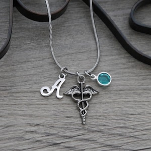 Medical Symbol Necklace, Personalized Caduceus Necklace, Medical School Gifts, Medical Necklace, Medical Jewelry Gifts, Letter Birthstone