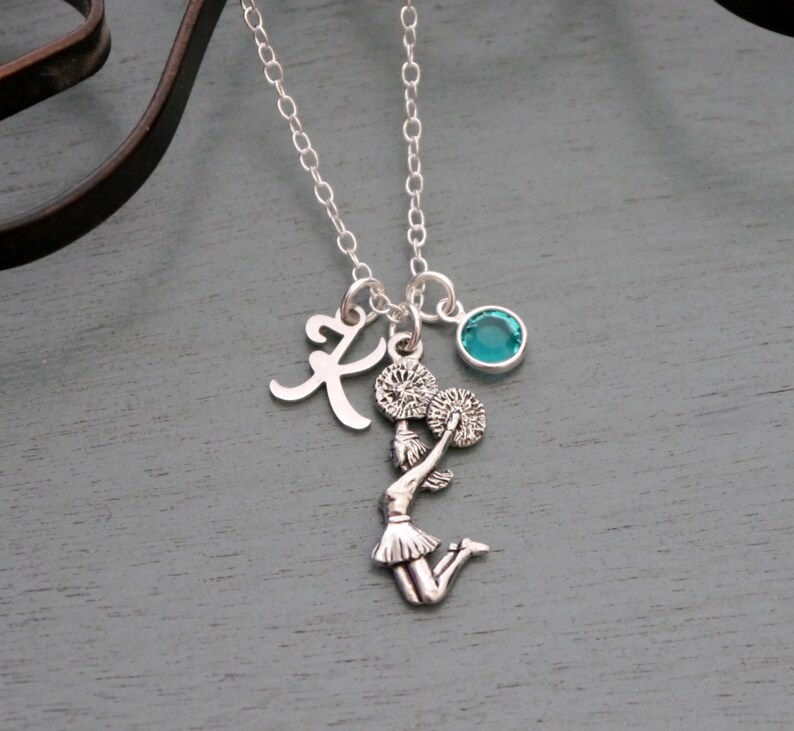 Cheerleader Necklace Personalized, Initial Disc, Letter, Cheerleading Gift, Birthstone, Custom, Gifts for Girls, Silver, Cheer Team Jewelry image 2