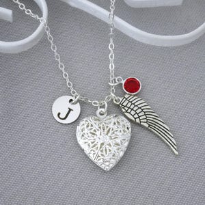 Angel Wing Necklace, with Picture Locket,  Heart Photo Locket, Initial Disc, Birthstone, Memorial Remembrance Sympathy Gifts, Personalized