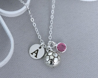 Soccer Necklace, Personalized, Soccer Ball Charm Jewelry, With Initial, Letter, Birthstone, Custom, Gifts for Girls, Silver