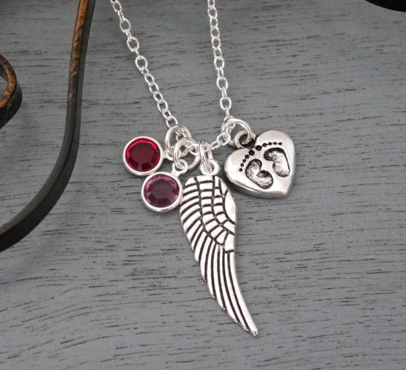 1 2 3 Birthstones Necklace Miscarriages Necklace Miscarriage Gift Miscarriage Heart Necklace Angel Wing Baby Feet Necklace Custom