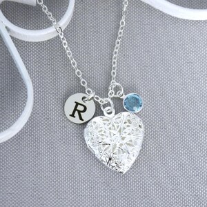 Girls Necklace, Personalized, Picture Locket, Heart Photo Locket, Initial Charm, Birthstone, Letter Disc, Custom, Gifts Niece Granddaughter image 9
