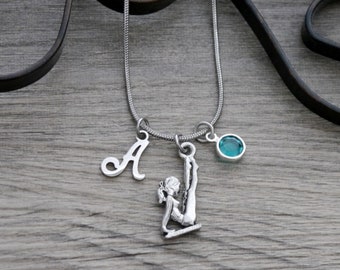 Gymnast Girl Necklace, Personalized, With Letter Charm, Initial, Birthstone, Silver, Gymnastics Jewelry Gifts, Lyra, Custom, Unique