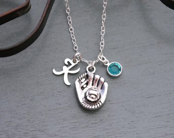 Softball Necklace, Personalized, Baseball Glove Jewelry, Letter Charm, Initial Disc, Birthstone, Gifts for Girls, Custom, Silver, Unique