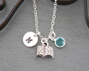 Book Necklace, Personalized Book Necklace, Silver Book Necklace, Initial Necklace, Reading Gifts Girls, Book Jewelry, Gifts for Authors