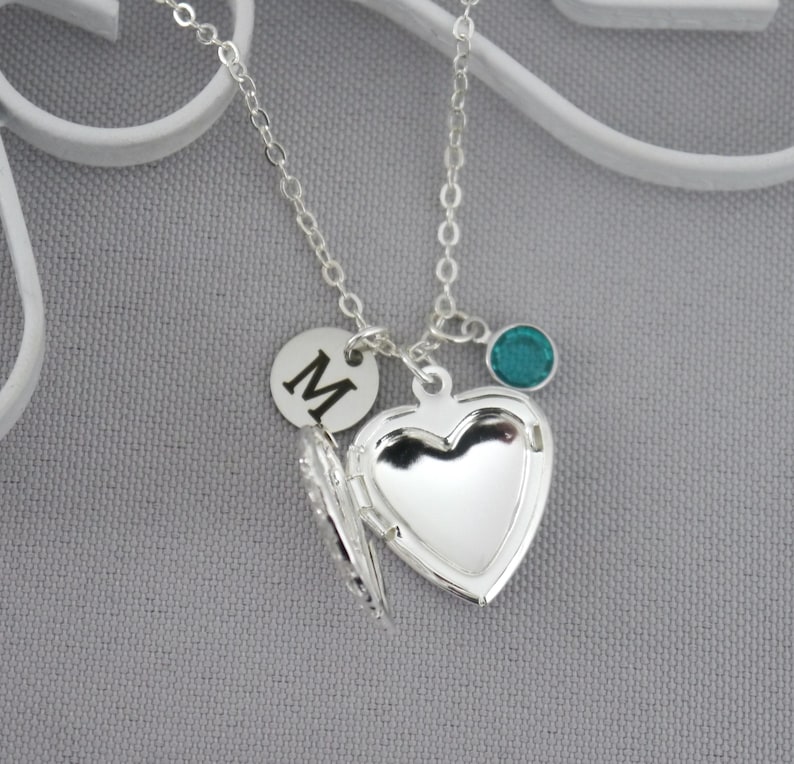 Girls Necklace, Personalized, Picture Locket, Heart Photo Locket, Initial Charm, Birthstone, Letter Disc, Custom, Gifts Niece Granddaughter image 8