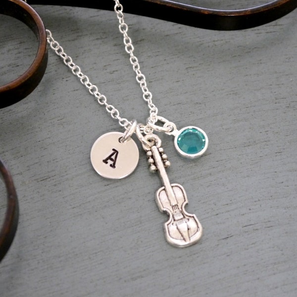 Violin Necklace, Personalized Violin Necklace, Violin Initial Necklace, Initial Birthstone, Violonist Gifts, Violin Player Gifts, Custom