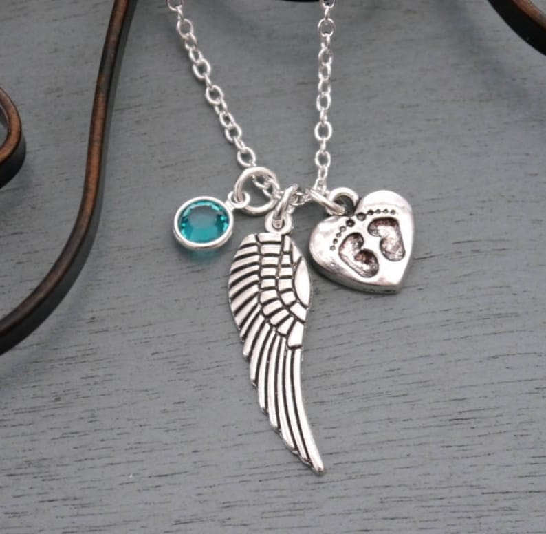 1 2 3 Birthstones Necklace Miscarriages Necklace Miscarriage Gift Miscarriage Heart Necklace Angel Wing Baby Feet Necklace Custom