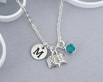 Book Necklace, Personalized, Silver, Initial Disc, Birthstone, Letter, Reading Gifts for Girls, Book Lover Jewelry, Gifts Authors, Custom