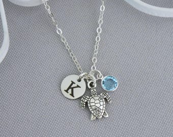Personalized Turtle Necklace, Initial Disc, Sea Turtle, Letter Charm, Birthstone, Jewelry Gifts for Girls, Cute, Tiny, Custom, Silver