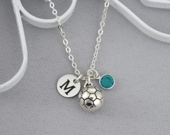 Personalized Soccer Necklace, Silver Soccer Ball Necklace, Initial Necklace, Soccer Necklace, Birthstone Necklace, Soccer Gifts Girls