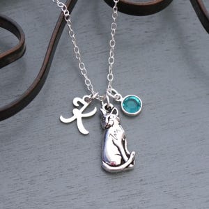 May include: A silver necklace with a cat charm, a Chinese character charm, and a teal blue gemstone charm.