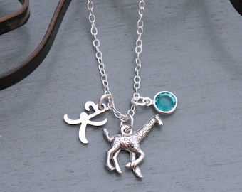 Giraffe Necklace, Personalized Giraffe Necklace, Giraffe Jewelry, Letter Birthstone Necklace, Giraffe Gifts, Giraffe, Silver, Custom