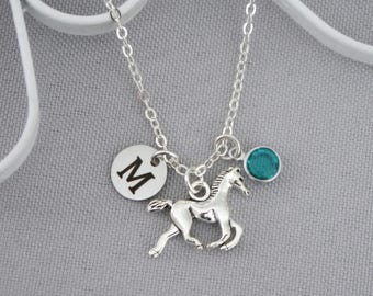 Horse Necklace, Personalized Horse Necklace, Horse Initial Necklace, Horse Letter Birthstone Necklace, Horse Jewelry, Horse Lover Gifts