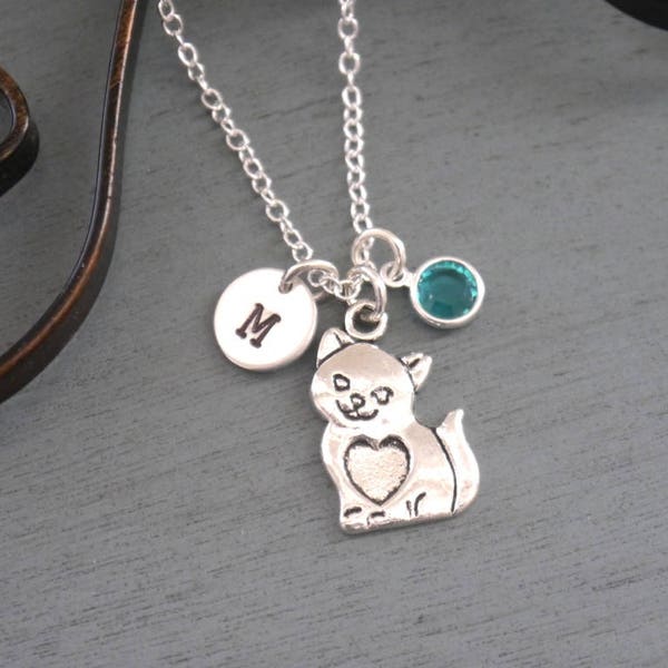 Cat Necklace, Personalized Cat Necklace, Cat Initial Necklace, Cute Cat Necklace, Kitty Cat Necklace, Cat Heart, Initial Birthstone, Custom