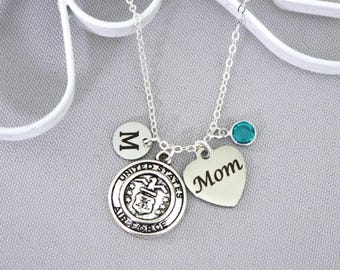 Air Force Mom Necklace, Personalized, With Initial Disc, Letter Charm, Birthstone, Custom, Silver, Heart, Military Gifts for Moms