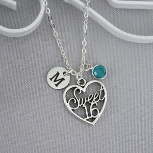 Sweet 16 Necklace, Personalized Sweet 16 Necklace, Sweet Sixteen Heart Necklace, Initial Necklace, 16 Birthday Jewelry Gifts, Silver, Custom
