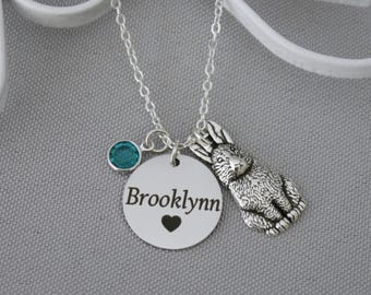 Bunny Necklace, Personalized, Rabbit Jewelry, With Name Charm, Birthstone, Custom, Cute Gifts for Girls, Engraved Disc, Silver