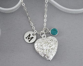 Heart Photo Locket Necklace, Personalized, Initial Disc, Birthstone, Letter Charm, New Mom, Little Girl Gifts, Silver, Custom