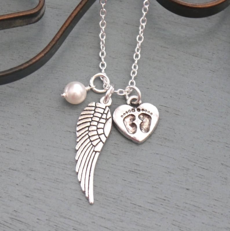 1 2 3 Birthstones Necklace Miscarriages Necklace Miscarriage Gift Miscarriage Heart Necklace Angel Wing Baby Feet Necklace Custom