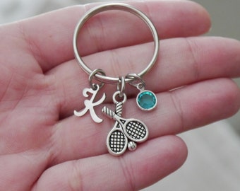 Tennis Keychain, Tennis Racket Keychain, Tennis Gifts, Personalized Tennis Keychain, Letter Charm, Birthstone, Gifts for Tennis Players