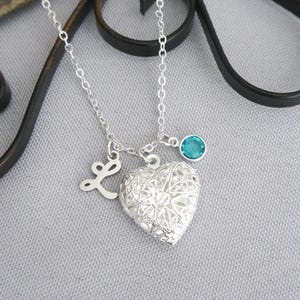 Girls Necklace, Personalized, Picture Locket, Heart Photo Locket, Initial Charm, Birthstone, Letter Disc, Custom, Gifts Niece Granddaughter image 3