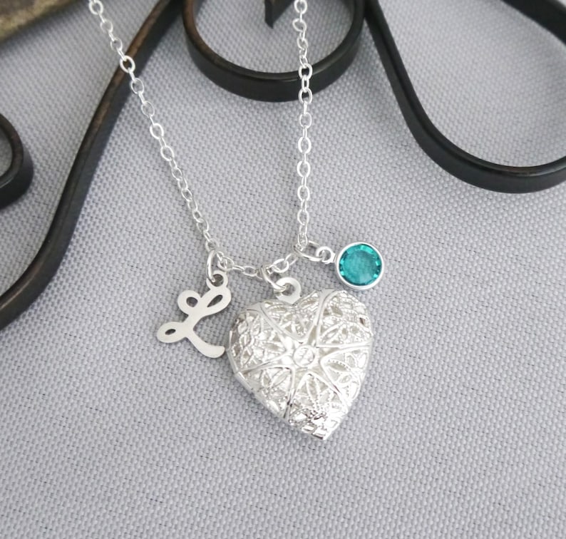 Girls Necklace, Personalized, Picture Locket, Heart Photo Locket, Initial Charm, Birthstone, Letter Disc, Custom, Gifts Niece Granddaughter image 3