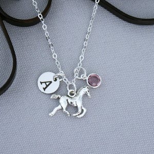May include: A silver-toned necklace featuring a delicate chain with three charms: a circular disc engraved with the letter A, a detailed horse figurine in a running pose, and a small, round, faceted pink gemstone set in a silver-toned bezel.